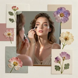 mixed media collage with canvas texture, woman applying make - up in a mirror. pastel colours, pressed flowers