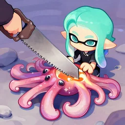 Splatoon squids getting cut in half by a saw