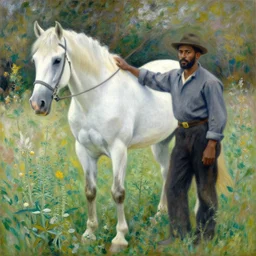 a painting of a black man next to a beautiful white horse in a weed field, in the style of pierre - auguste renoir, amazing detail