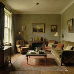 a worm's - eye view on furnished retro style room, by millais