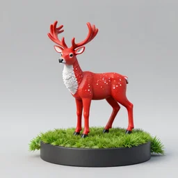 painted 3 d printed figurine of a red deer on cylindrical base, grassy knoll