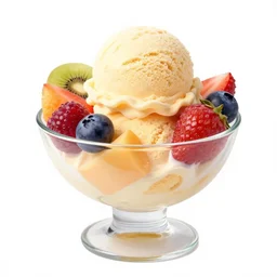 an ice cream with fresh fruit in a glass bowl