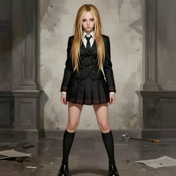school girl in gothic dress avril lavigne, school uniform, seifuku, pleated miniskirt, overknee socks, battle angel alita. by rembrandt 1 6 6 7, illustration, by konstantin razumov