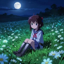 full body kimi no na wa shinsekai yori saitama zombie desu ka katana anime isekai shiki, anohana sitting in a field of bioluminescent daisies during midnight, moonlit cinematic key shot by kimi no na wa in the style of a cute chibi made in abyss rendition shot by steven king and the vibe of pink floyd