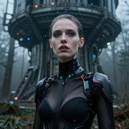 cinestill 5 0 d candid photographic portrait by helen levitt of a feminine android wearing sexy classy black mesh techwear with rgb trim on a dystopian structure above a forest, extreme closeup, modern cyberpunk moody suspense emotional horror cinematic, lens flare snow storm, 8 k, hd, high resolution, 3 5 mm, f / 3 2, ultra realistic faces, ex machina