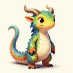 a cute kobold with vibrant two - tone smooth scales wearing simple colorful clothes. she has thick tail, cute horns and smile with white belly scales and lizard anthro features. a digital photoshop colored - pencil fantasy drawing by thomas cole, terese nielsen, and edvard escher guay, magically shaped surrealism, trending on artstation.