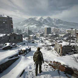 Sapporo in the winter in ruins post-nuclear war in Fallout 4, in game screenshot