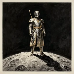 crusader standing on the moon, vintage sci - fi art, by bruce pennington