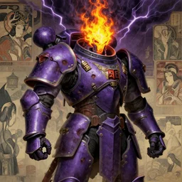 composition of gothic and futuristic, warhammer, cyber japan style armor, more and more scars, thunderstorm, fire head, purple and yellow, highly detailed, artstation, in the style of moebius, jugendstil and classic japanese print, art by jean delville and rene magritte