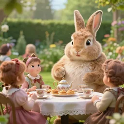 film still from the movie chappie outdoor park plants garden scene bokeh depth of field several figures sitting down at a table having a delicious grand victorian tea party crumpets furry anthro anthropomorphic stylized rabbit bunny big chungus
