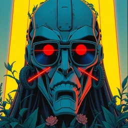 risograph grainy painting of gigantic huge evangelion - like antagonist face, matte colors, with huge earrings and glasses with a lot of details and lasers, covered with plants, by moebius and dirk dzimirsky and satisho kon, blue hour, close - up wide portrait