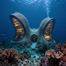 underwater view of organic buildings designed by zaha hadid with coral and fish swimming, cinematic, night time photograph, cinematic lighting, submarine, vfx film, ultrarealistic, artstation trending, 8 k