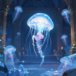 palace courtyard of ice jellyfishes. award - winning 3 d anime by an indie studio, heavily stylized, rimlighting, depth of field, limited but vibrant palette, impressionism, chiaroscuro, bokeh.
