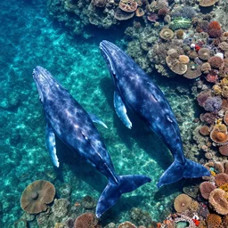 whales swimming through a coral reef, seen from above, colorful and vibrant
