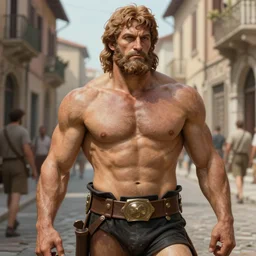a highly detailed matte portrait painting of a muscular hercules, on a roman street, in the style of greg rutkowski and bernie wrightson, digital art, sharp focus, highly realistic, octane render