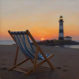 painting of a beach chair at sunset with a lighthouse in background, natural light, concept art, by greg rutkowski, cozy atmospheric and cinematic lighting