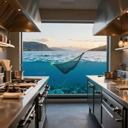 michelin star restaurant interior, kitchen pass an underwater view of pristine scottish seas with trawl net, fish shoal, golden hour
