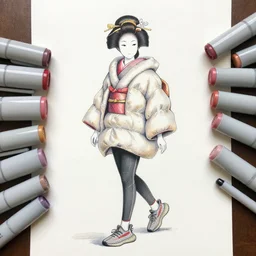 a copic markers sketch of a japanese miko wearing a puffy kimono anorak and tight leggings yeezy 5 0 0 sneakers