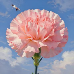 closeup, giant carnation flower head, woman falling through clouds in sky, surreal, impressionist painting, digital painting, artstation, rob gonsalves