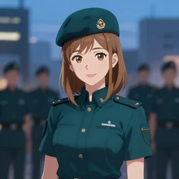 young woman with shoulder length light brown hair and hazel eyes dressed in a sharp dark teal military uniform and beret, smiling, blurred city background in twilight lighting, anime, ilya kuvshinov, greg rutkowski, guweiz, ross tran, loish, svetlana tigai, artgerm, artstation trending, concept art, digital painting