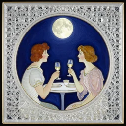 a couple enjoying a romantic moment together while gazing at the moon and sipping wine, by harry clarke and daniela uhlig, style of beautiful, crystalline lattice, porcelain