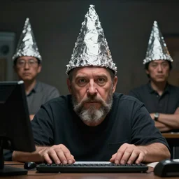 hyperrealistic mixed media image of info wars alex jones at desk wearing aluminum foil cone hat, stunning 3 d render inspired art by xiang duan and thomas eakes and greg rutkowski, perfect facial symmetry, hyper realistic texture, realistic, highly detailed attributes and atmosphere, dim volumetric cinematic lighting, 8 k octane detailed render, post - processing, masterpiece,