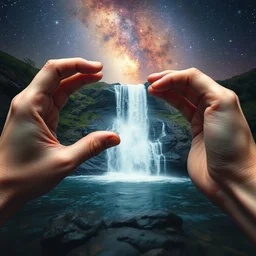 hands cupping a waterfall from the universe, photography, photoshoot, magnification