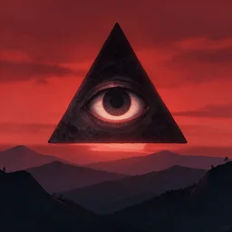 A big triangle with an eye on it floating above the mountains, red sky, sunset, eerie, scary, digital art made by Stanley Artgerm Lau, WLOP, Rossdraws, James Jean, Andrei Riabovitchev, Marc Simonetti, Yoshitaka Amano, ArtStation, CGSociety