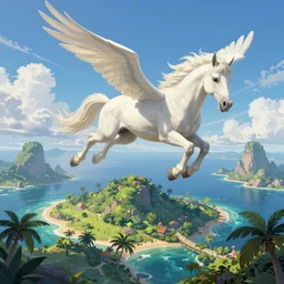 detailed fantasy illustration of a white pegasus flying above a lush tropical island far below on a sunny day, wide - angle, trending on artstation, digital art ( by jesper ejsing ) ( by clint cearley ) ( by raluca marinescu )