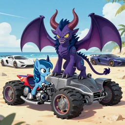 My Little Pony As Demons From Hell, creatures with tanks, motorcycles, and advanced technology, in a beachfront environment, luxury concept cars in background, beautiful aesthetic, photorealistic, hyperrealistic, octane render, HDR, IG Studios Anime Style