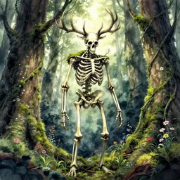 skeletal forest spirit standing in the woods, skull, branch antlers, moss, vines and flowers, high detail, cinematic lighting, anime, manga, watercolor, by alex ross,