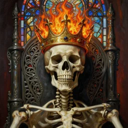breathtaking detailed soft close up painting a skeletal corpse and a crown on its head an intricate metal throne, art nouveau crown of embers, rembrandt style, detailed art nouveau stained glass of flames, highly detailed, artstation, concept art, matte, sharp focus, art by tom bagshaw, peter mohrbacher, james jean, and greg rutkowski