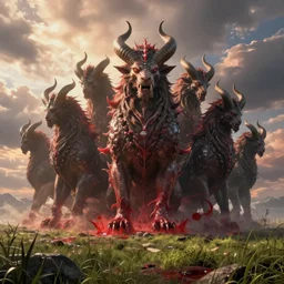 mystical creature, monster, beast rising from the sea of blood, many horns, many heads, landscape, cinematic view, epic sky, detailed, concept art, low angle, high detail, warm lighting, volumetric, godrays, vivid, beautiful, trending on artstation, by jordan grimmer, huge scene, grass, art greg rutkowski