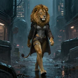 beautiful commissioned artwork of an anthropomorphic lion woman walking through the seedy part of a futuristic city, rain, night, moody, urban, trending on furaffinity