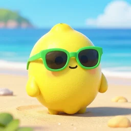 cute pixar style lemon on a beach, it wears green sunglasses