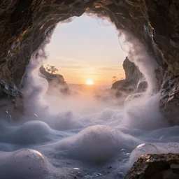 a beautiful render of a soap bubble cave, thick foam, soap bubbles, foggy, volumetric lighting, sunset, very detailed, hyperrealistic, unreal engine 5, raytracing