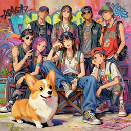 beautiful anime painting of hiphop summertime chill with corgi, by sherree valentine daines, peter mohrbacher, alice neel, donato giancola, mike winkelmann, laurie greasley. trending on artstation, 8 k, masterpiece, graffiti, fine detail, full of color, intricate detail, golden ratio illustration
