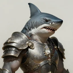 portrait of anthropomorphic warrior with shark head, muscular, upper body, armored torso, D&D, fantasy, intricate, elegant, highly detailed, digital painting, artstation, concept art, matte, sharp focus, illustration, art by Artgerm and Greg Rutkowski and Alphonse Mucha