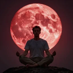meditation on the background of a huge crimson moon, by carl spitzweg
