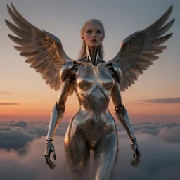 biblical female android, birdlike, glowing veins, in clouds, sunset, portrait by wayne barlowe, by peter elson, by anato finnstark, studio lighting, muted colors, by frank frazetta, extreme detail, reflections, trending on artstation, 8 k