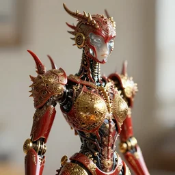 complex 3 d render of a beautiful porcelain robot - fractal steampunk. red gold and black, fractal veins. dragon cyborg, 1 5 0 mm, beautiful natural soft light, rim light, gold fractal details, fine lace, mandelbot fractal, anatomical, glass, facial muscles, elegant, ultra detailed, metallic armor, octane render, depth of field
