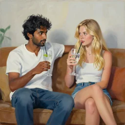 painting of indian guy and blonde swedish girl drinking gin and tonics on the couch