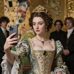 a masterpiece ultrarealistic ultradetailed portrait of a incredibly beautiful princess making selfie. baroque renaissance. medium shot, intricate, elegant, highly detailed. trending on artstation, digital art, by stanley artgerm lau, wlop, rossdraws, james jean, andrei riabovitchev, marc simonetti, yoshitaka amano. background by james jean and gustav klimt, light by julie bell, 4 k, porcelain skin.