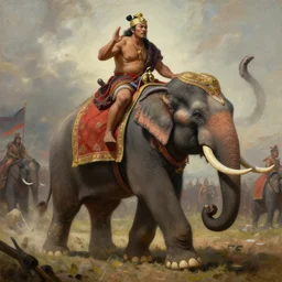 portrait of a tai ethnic warlord rides an asian war elephant with emotional movement in the battlefield, historical, tai ethnic decoration, elegant, loin cloth, highly detailed, oil painting, artstation, concept art, matte, sharp focus, illustration, hearthstone, art by earl norem