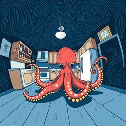 dark palette, fisheye spiral lines, naive, extra narrow, detailed illustration of a kitchen, large floor, octopus shaped by rhads from lorax movie, trending artstation, dark blue underwater, keith haring