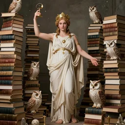 jenna dewan as the goddess minerva surrounded by stacks of books, owls, esoteric symbols, in the style of! dream jenna dewan as the goddess minerva surrounded by stacks of books, owls, esoteric symbols, in the style of dariusz zawadzki, 8 k, hyperdetailed