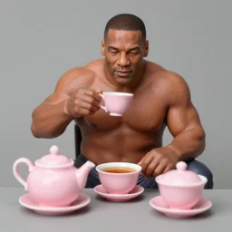 mike tyson sitting at a miniature pink tea set, drinking tea