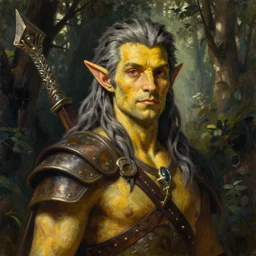 beautiful oil painting with high detail of a male wood-elf ranger with yellowish skin, and grey hair from dungeons and dragons in the forest by artgerm and greg rutkowski and thomas kinkade