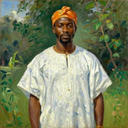 portrait of king of dahomey outdoors dressed in airy clothing, 1905, brightly coloured oil on canvas, by abram efimovich arkhipov