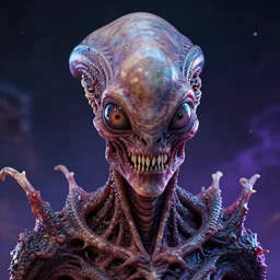 portrait of a frightening space alien, varying detailed fractal skin, meat monstrosity, eyes containing big iris, bones piercing, dragon scales, realistic render, detailed, slimy unreal engine, symmetrical!!, cosmic colors lighting, photorealistic, greg rutkowski and ruan jia, octane render